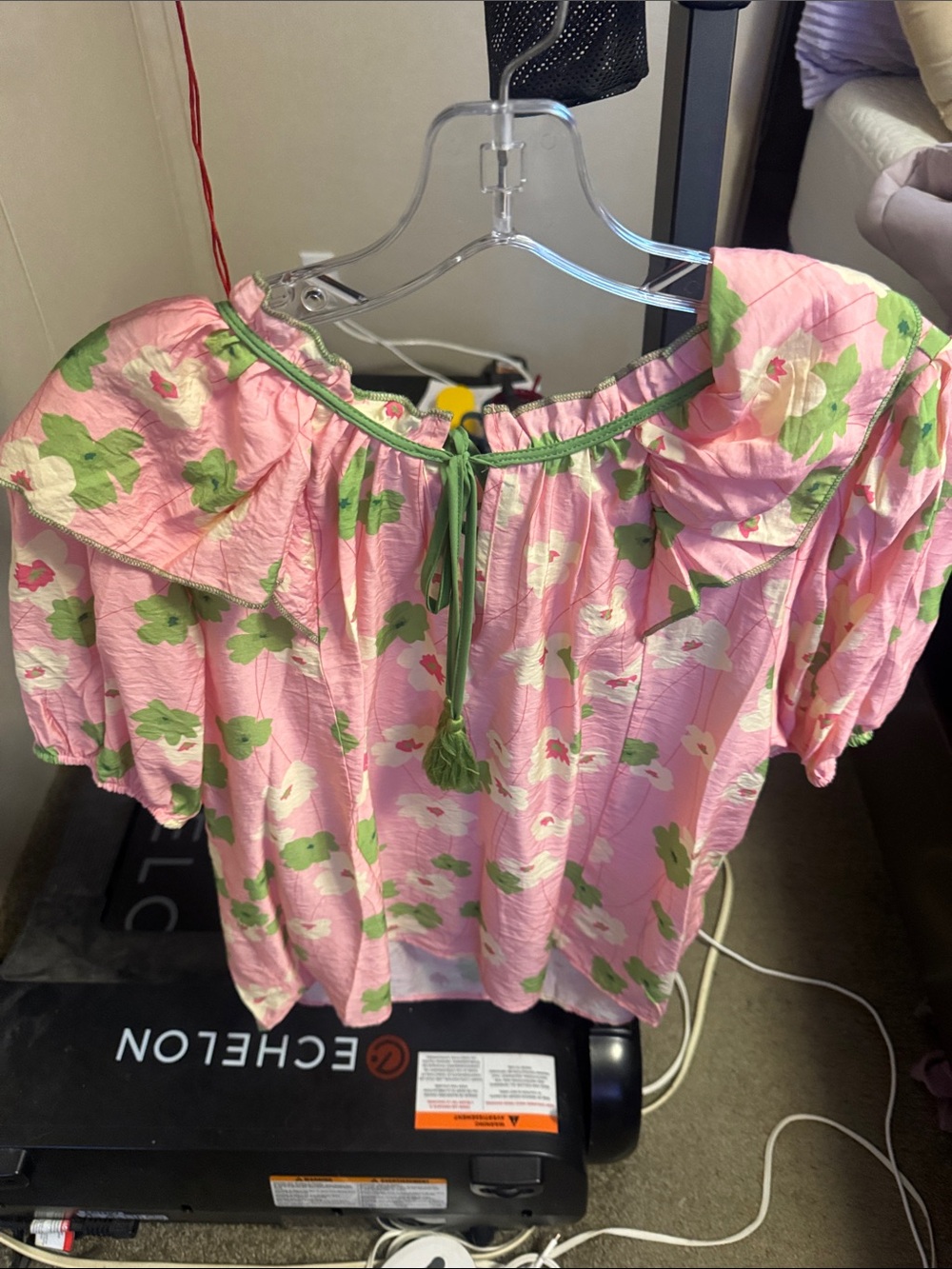 Pink Floral Off-Shoulder Peasant Blouse with Green Trim